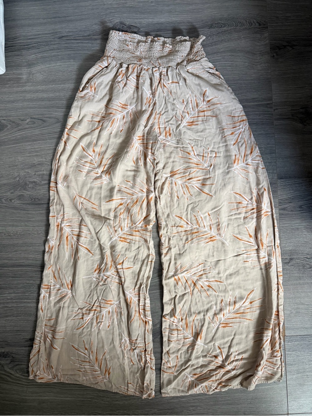 mahina Cream Wide-Leg Smocked Waist Palm-Print Pants
